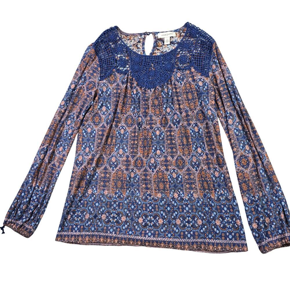 Vintage America Floral Crochet Top Blouse Women Small 70s Hippie Boho Tied Cuffs